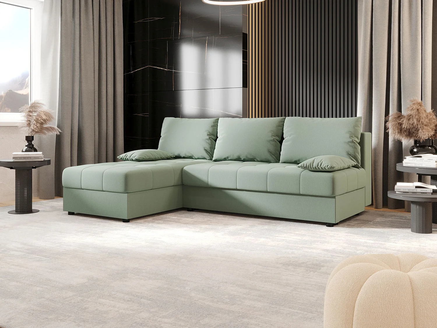 BEDANTE Canapé d’angle MOS L Cosmic 16 Vert clair Gauche avec fonction lit, canapé en L avec coffre de rangement, canapé-lit, canapé convertible