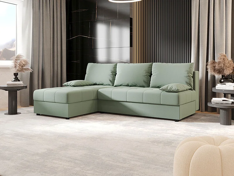 BEDANTE Canapé d’angle MOS L Cosmic 16 Vert clair Gauche avec fonction lit, canapé en L avec coffre de rangement, canapé-lit, canapé convertible