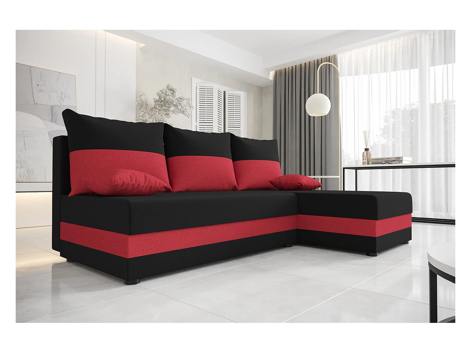BEDANTE ECKSOFA HEWLET L Sawana 14+13 Rechts Schwarz/Rot mit Schlaffunktion L-Form Sofa mit Stauraum Bettkasten
