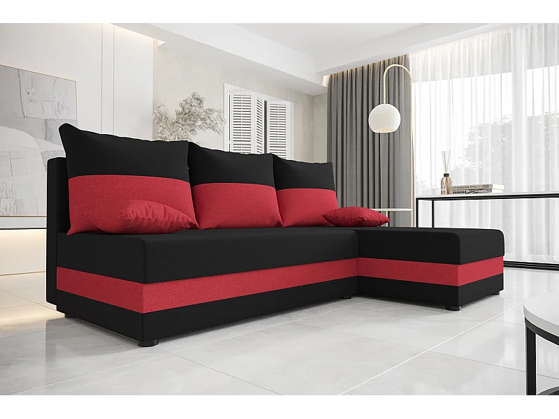 BEDANTE canapé d'angle HEWLET L Sawana 14+13 droite noir/rouge avec fonction de couchage canapé en forme de L