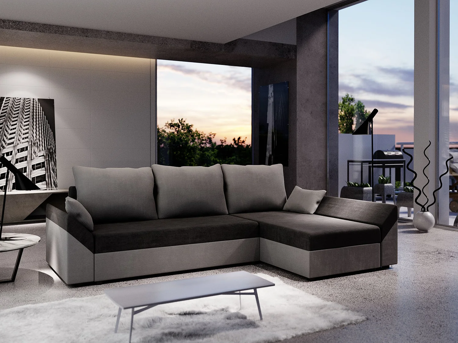 BEDANTE Canapé d’angle DANTE L droite Rainbow 15 + 27 Noir/Gris Forme L, Canapé avec espace de rangement, Coffre de lit, Canapé de salon, Canapé, Canapé, Canapé-lit