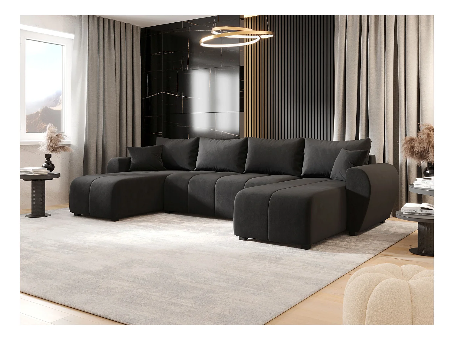 Canapé d'angle BEDANTE MOLISA U itaka 27 noir avec fonction couchage Canapé d'angle en forme de U avec espace de rangement Coffre à literie