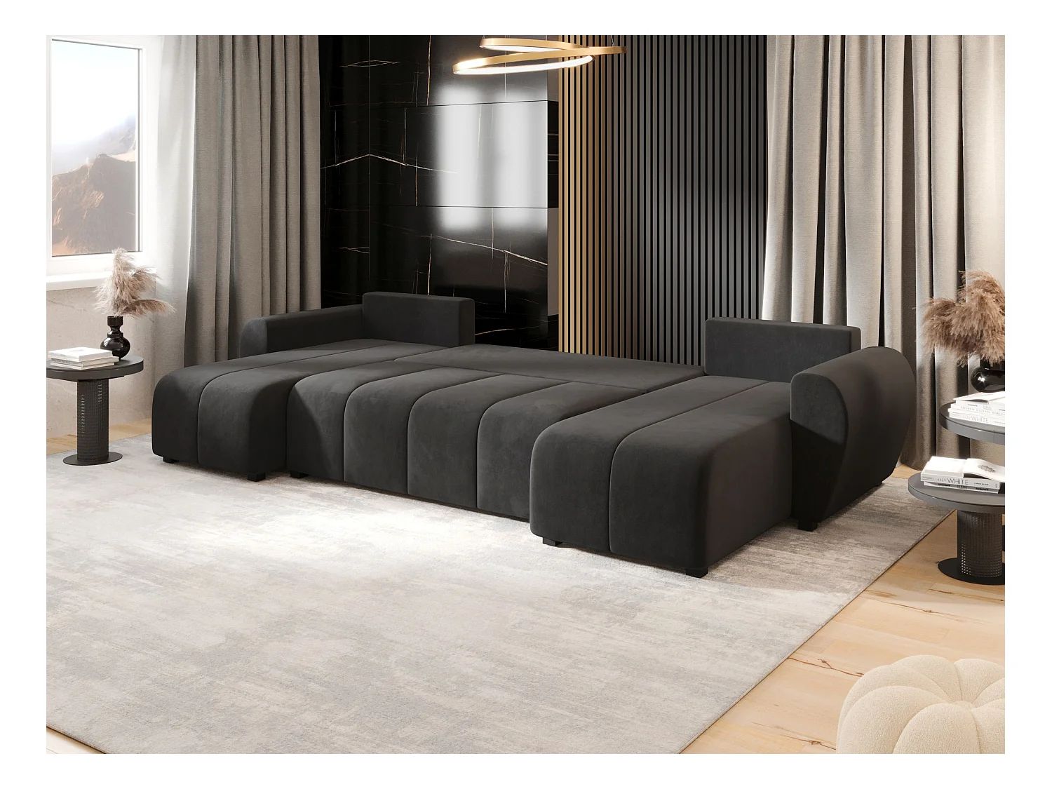 Canapé d'angle BEDANTE MOLISA U itaka 27 noir avec fonction couchage Canapé d'angle en forme de U avec espace de rangement Coffre à literie