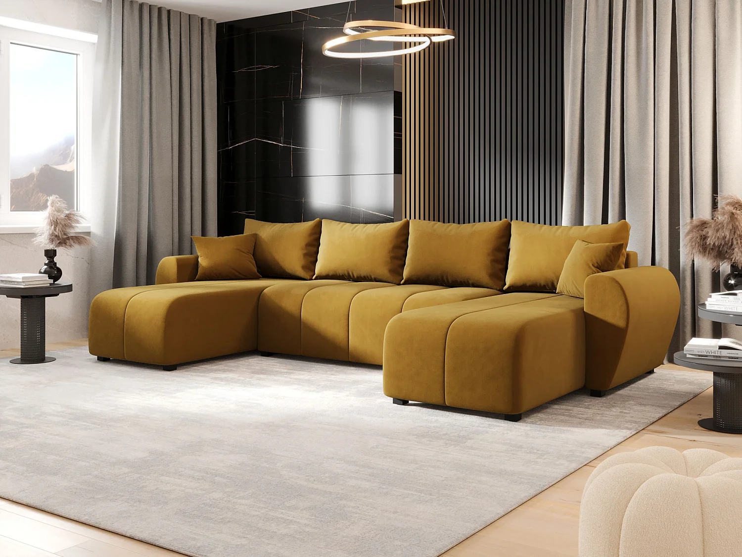 Canapé d'angle BEDANTE MOLISA U itaka 33 noir avec fonction couchage Canapé d'angle en forme de U avec espace de rangement Coffre à literie