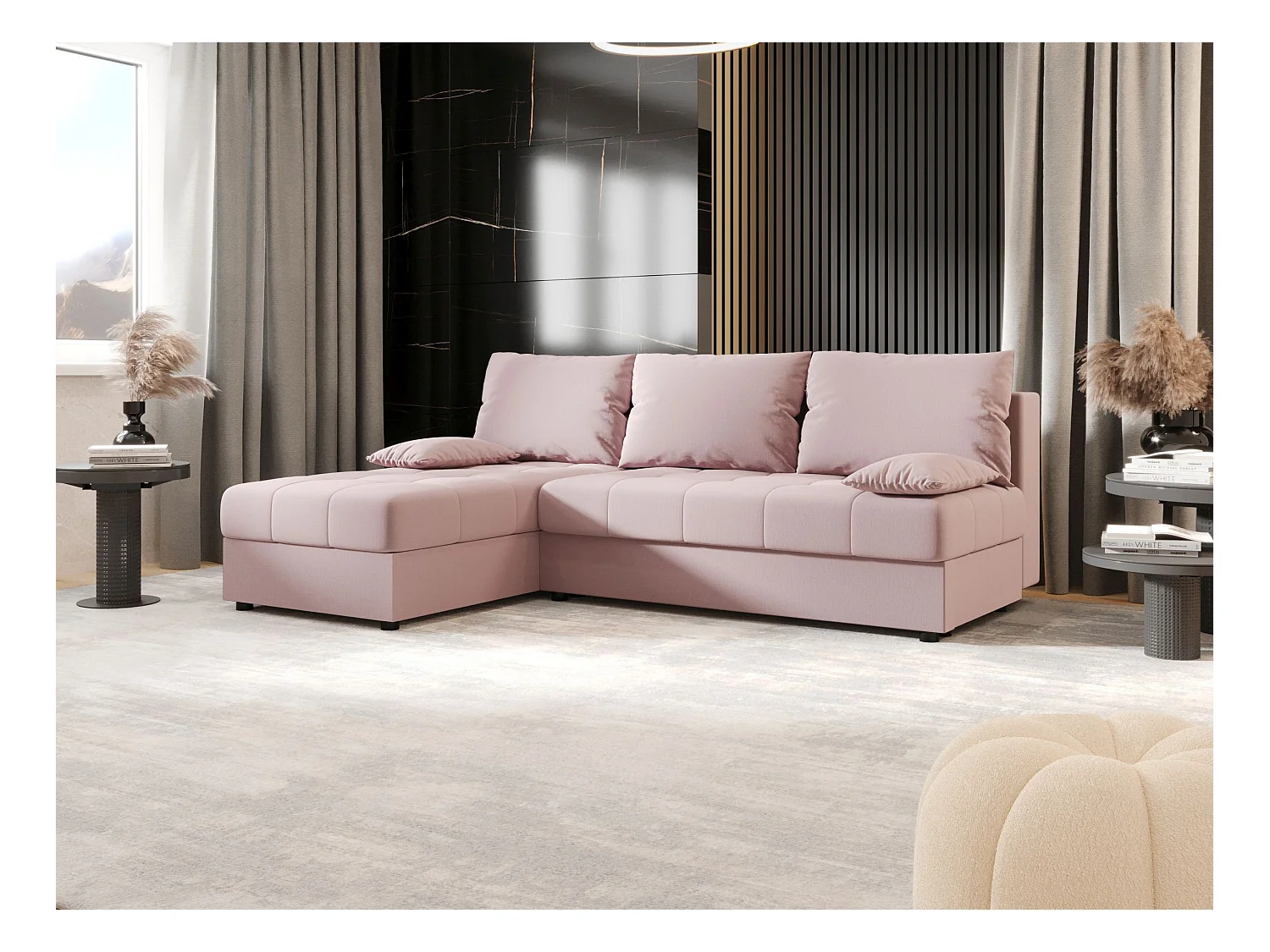 BEDANTE Canapé d’angle MOS L Cosmic 14 Rose Gauche avec fonction lit, canapé en L avec coffre de rangement, canapé-lit, canapé convertible