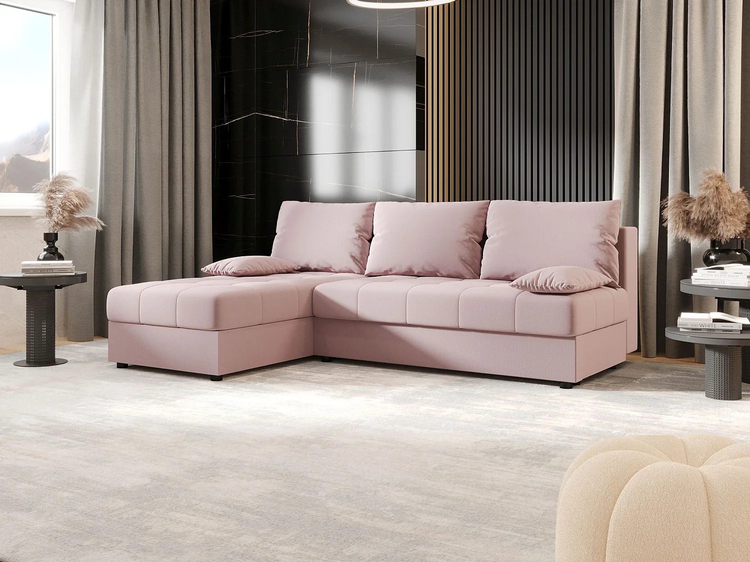 BEDANTE Canapé d’angle MOS L Cosmic 14 Rose Gauche avec fonction lit, canapé en L avec coffre de rangement, canapé-lit, canapé convertible