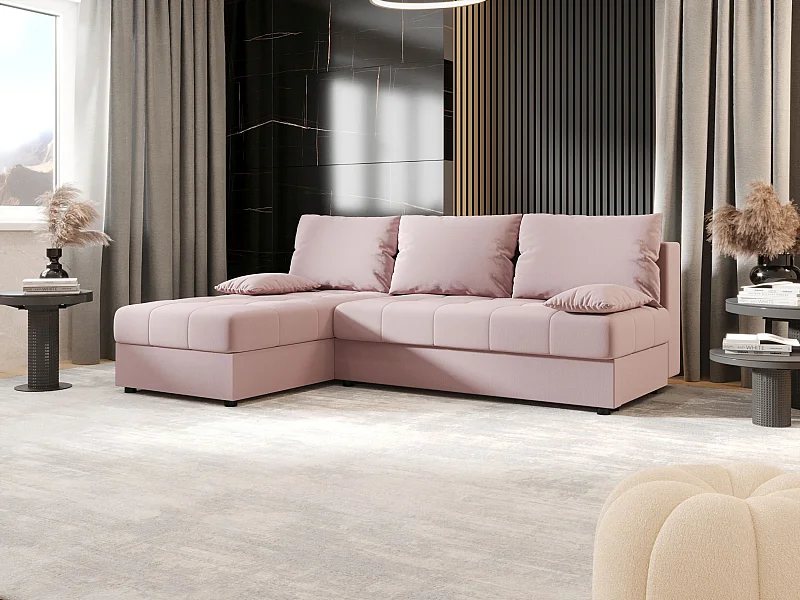 BEDANTE Canapé d’angle MOS L Cosmic 14 Rose Gauche avec fonction lit, canapé en L avec coffre de rangement, canapé-lit, canapé convertible