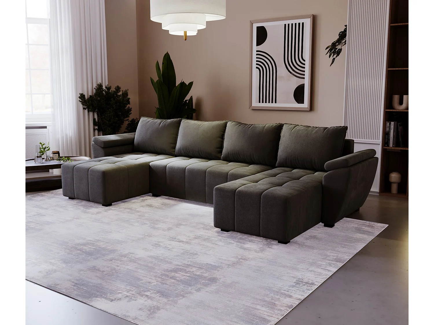 BEDANTE canapé d’angle ZEUS U Monolith 92 gris foncé avec fonction lit canapé en forme de U avec coffre de rangement canapé de salon canapé convertible