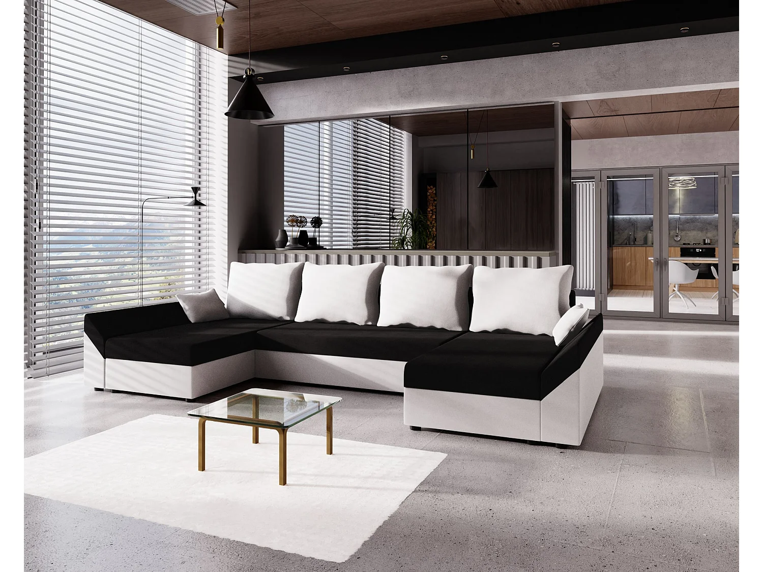 BEDANTE Canapé d’angle DANTE U Rainbow 15 + 31 Noir/Blanc Forme U, Canapé avec espace de rangement, Coffre de lit, Canapé de salon, Canapé, Canapé, Canapé-lit