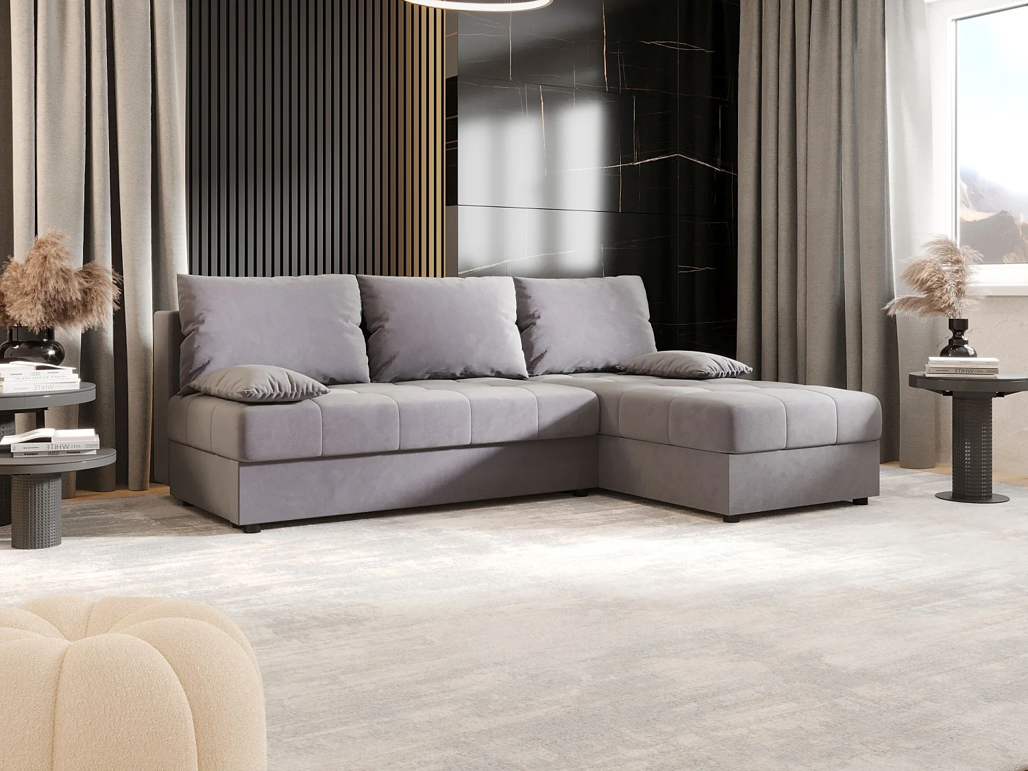 BEDANTE canapé d’angle MOS L Itaka 50 droite gris avec fonction de couchage canapé en forme de L avec coffre de rangement