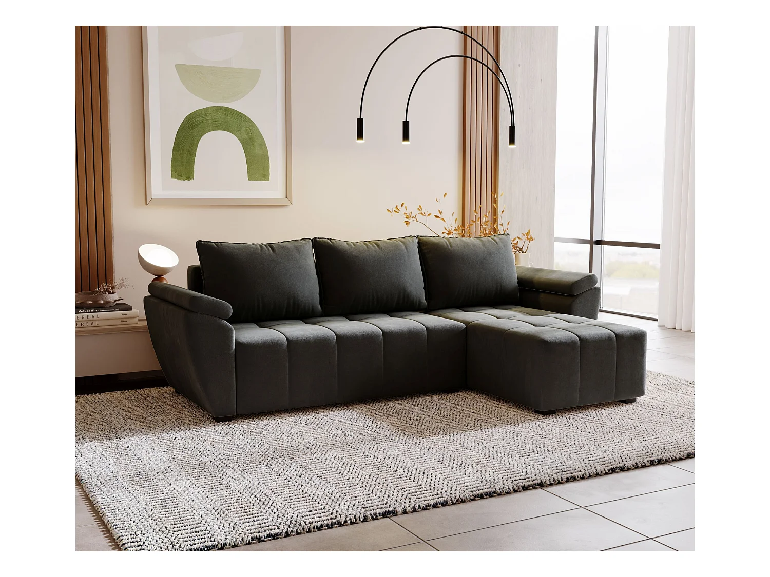 BEDANTE canapé d’angle ZEUS L Monolith 92 droit gris foncé avec fonction lit canapé en forme de L avec coffre de rangement canapé de salon canapé convertible