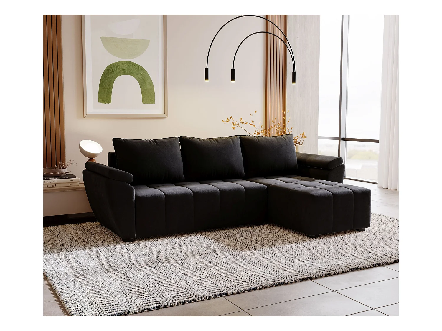 BEDANTE Ecksofa ZEUS L Monolith 97 Rechts Schwarz mit Schlaffunktion L-Form Sofa mit Stauraum Bettkasten Wohnzimmersofa Couch Sofa Bettsofa Bettkasten Bettcouch