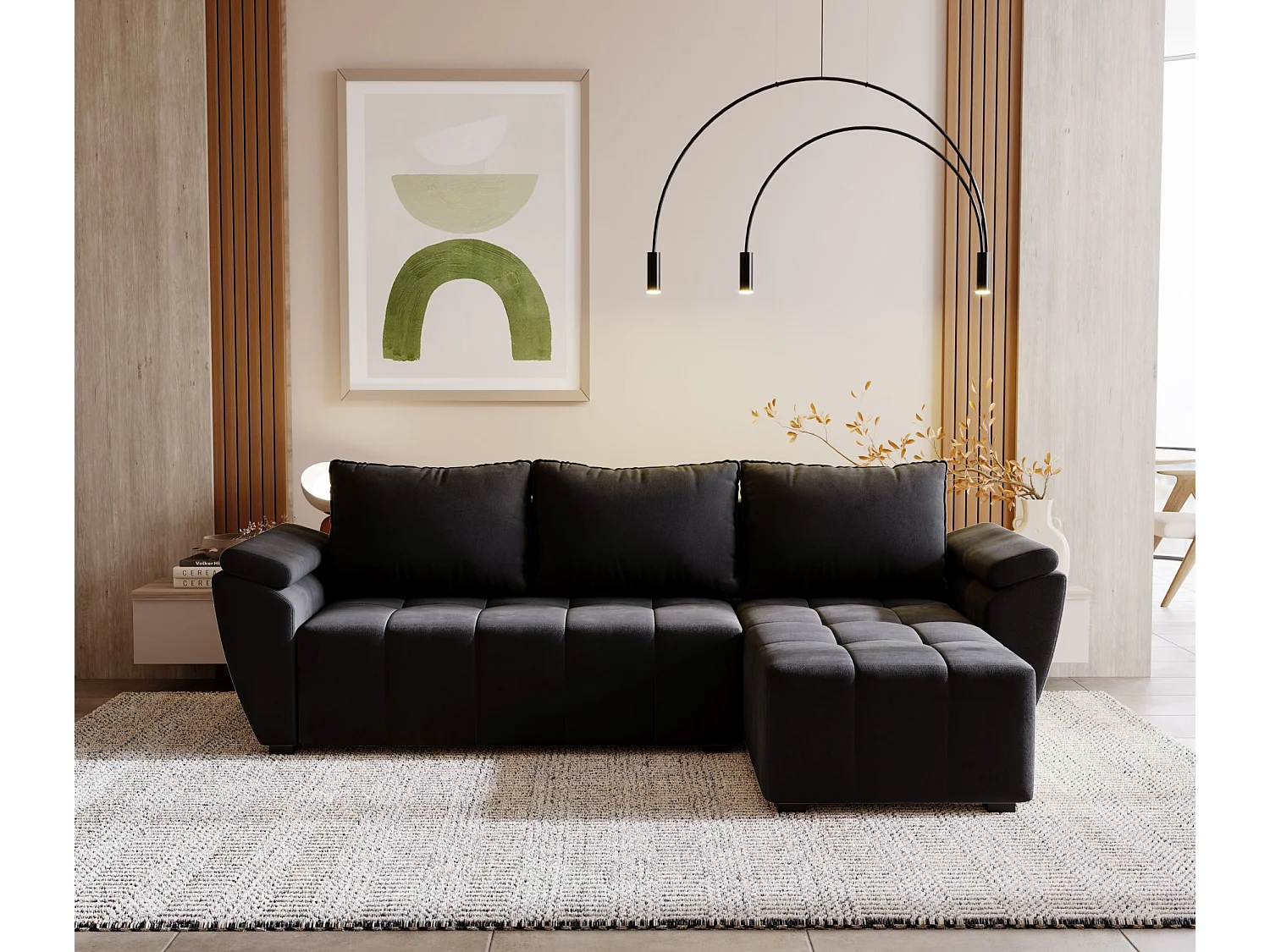 BEDANTE canapé d’angle ZEUS L Monolith 97 droit noir avec fonction lit canapé en forme de L avec coffre de rangement canapé de salon canapé convertible