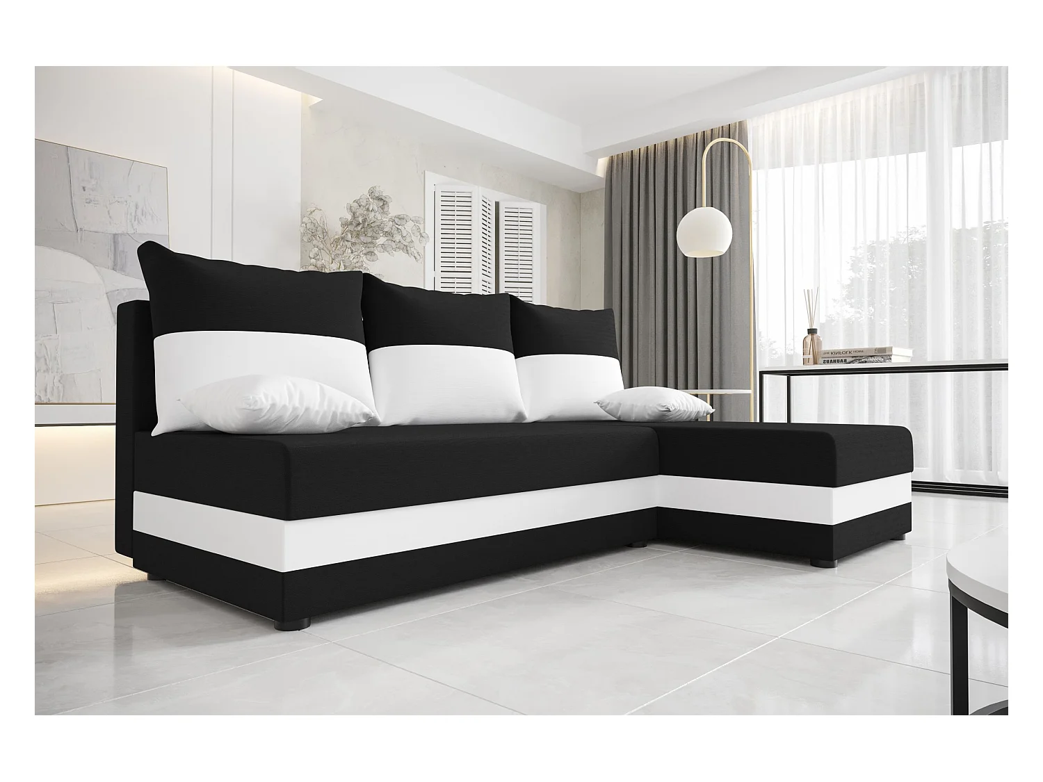 BEDANTE canapé d'angle HEWLET L Rainbow 15+31 droite noir/blanc avec fonction de couchage canapé en forme de L