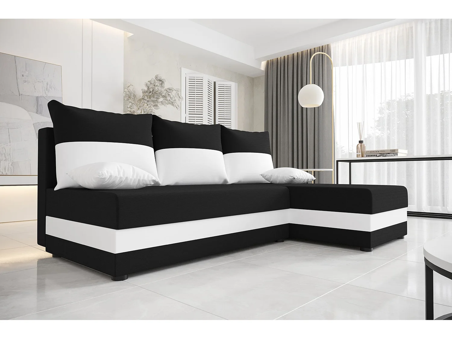 BEDANTE hoekbank HEWLET L Rainbow 15+31 rechts zwart/wit met slaapfunctie L-vormige bank met opbergruimte bedbox woonkamerbank bank bank slaapbank bedbox slaapbank