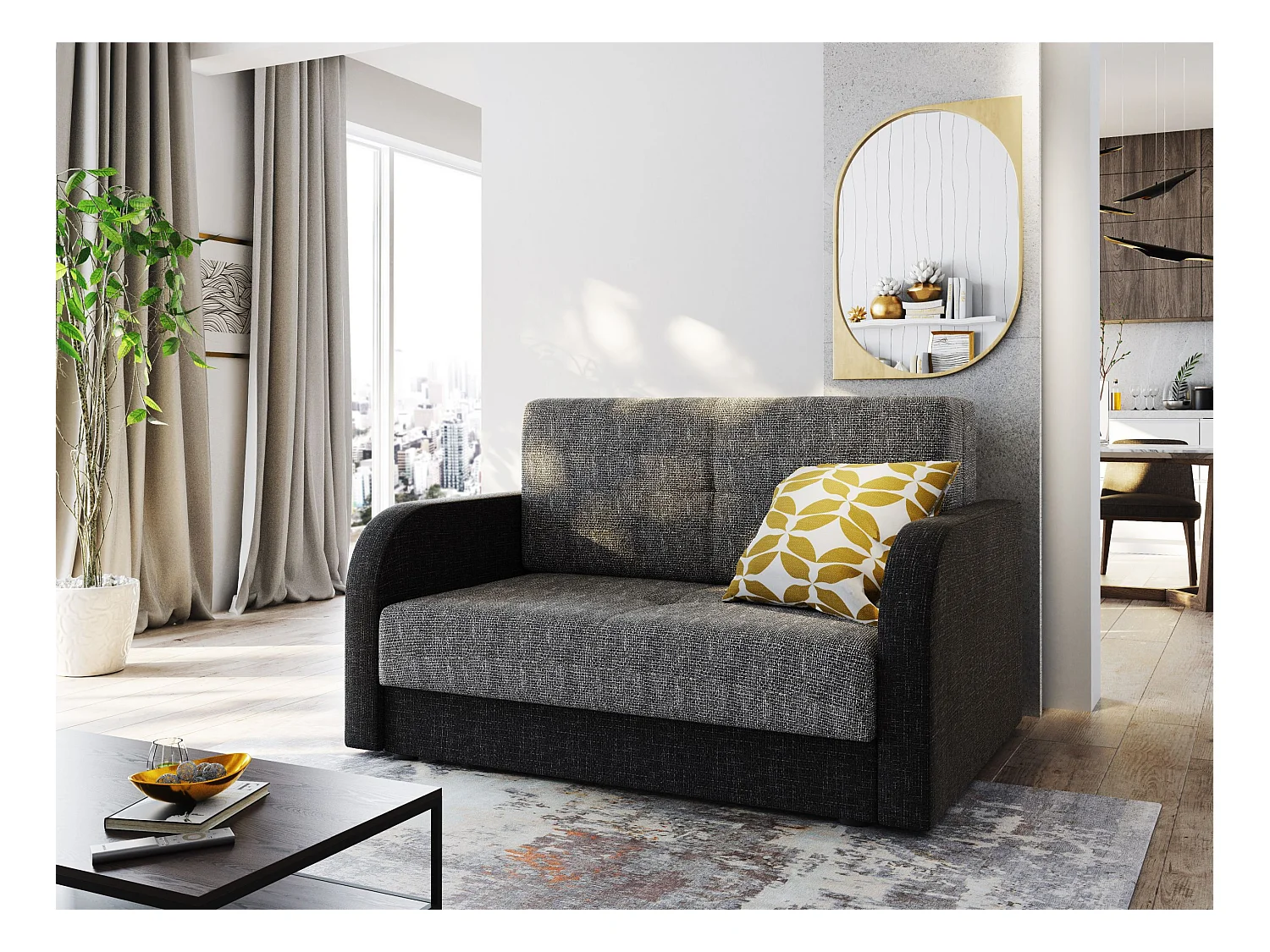 BEDANTE SOFA TWICE 120 mit Schlaffunktion KORNET 02+10 Grau/Schwarz mit Stauraum Bettkasten Wohnzimmersofa Couch Sofa Bettsofa Bettkasten Bettcouch