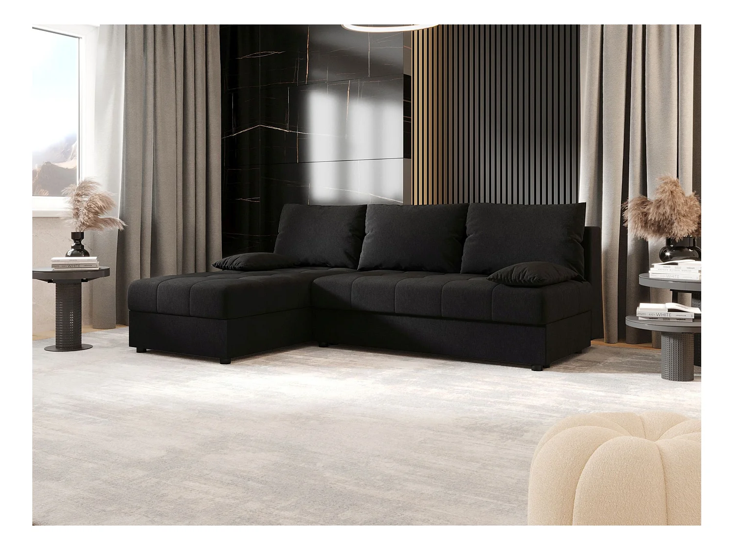 BEDANTE Ecksofa MOS L Cosmic 100 Schwarz Links mit Schlaffunktion L-Form Sofa mit Stauraum Bettkasten Wohnzimmersofa Couch Sofa Bettsofa Bettkasten Bettcouch