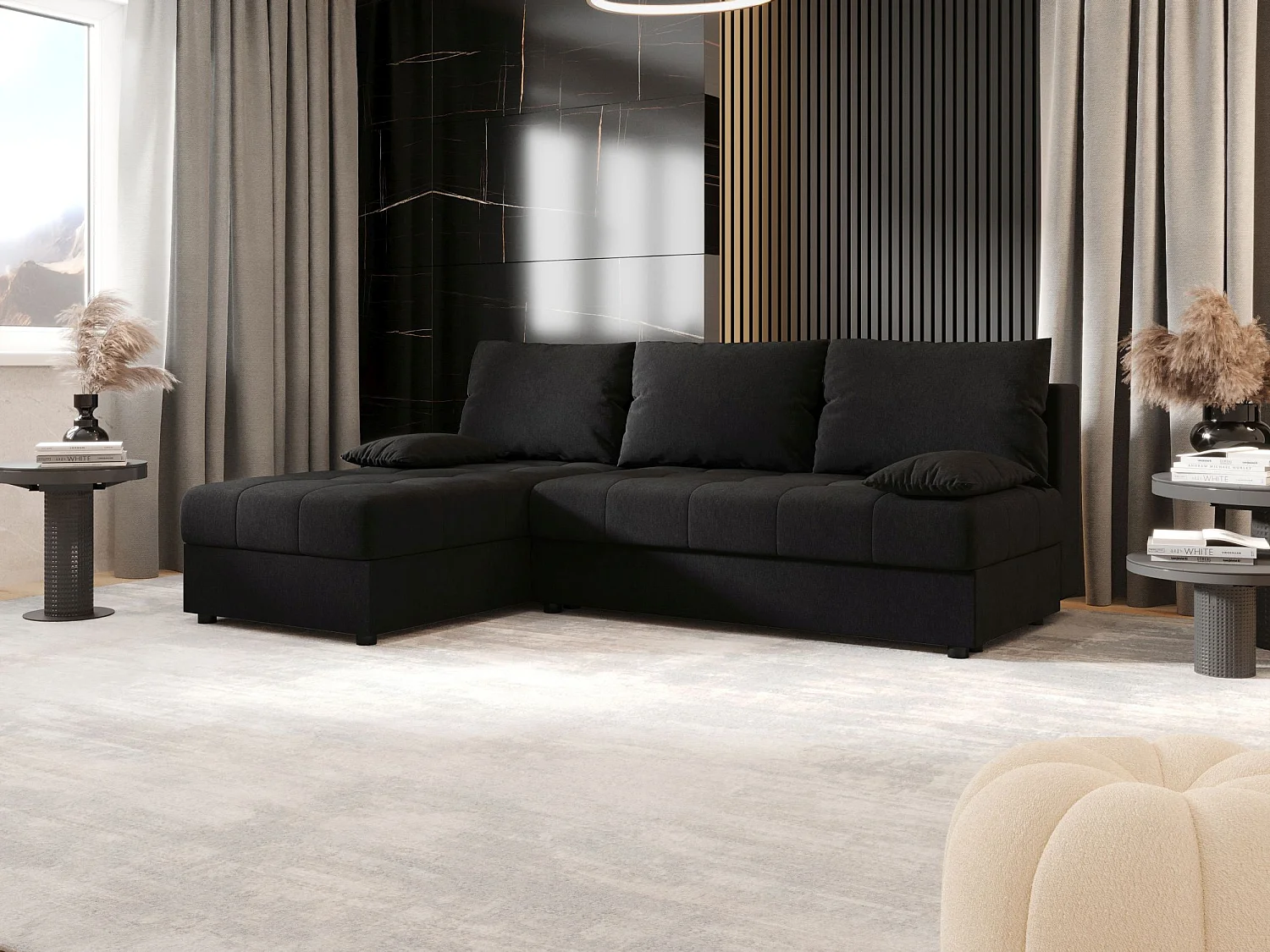 BEDANTE Canapé d’angle MOS L Cosmic 100 Noir Gauche avec fonction lit, canapé en L avec coffre de rangement, canapé-lit, canapé convertible