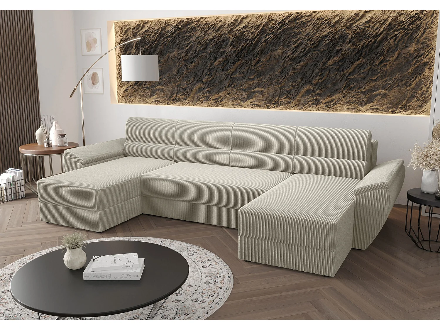 BEDANTE canapé d’angle REBIU2 Poso 100 beige avec fonction de couchage canapé en U avec espace de rangement
