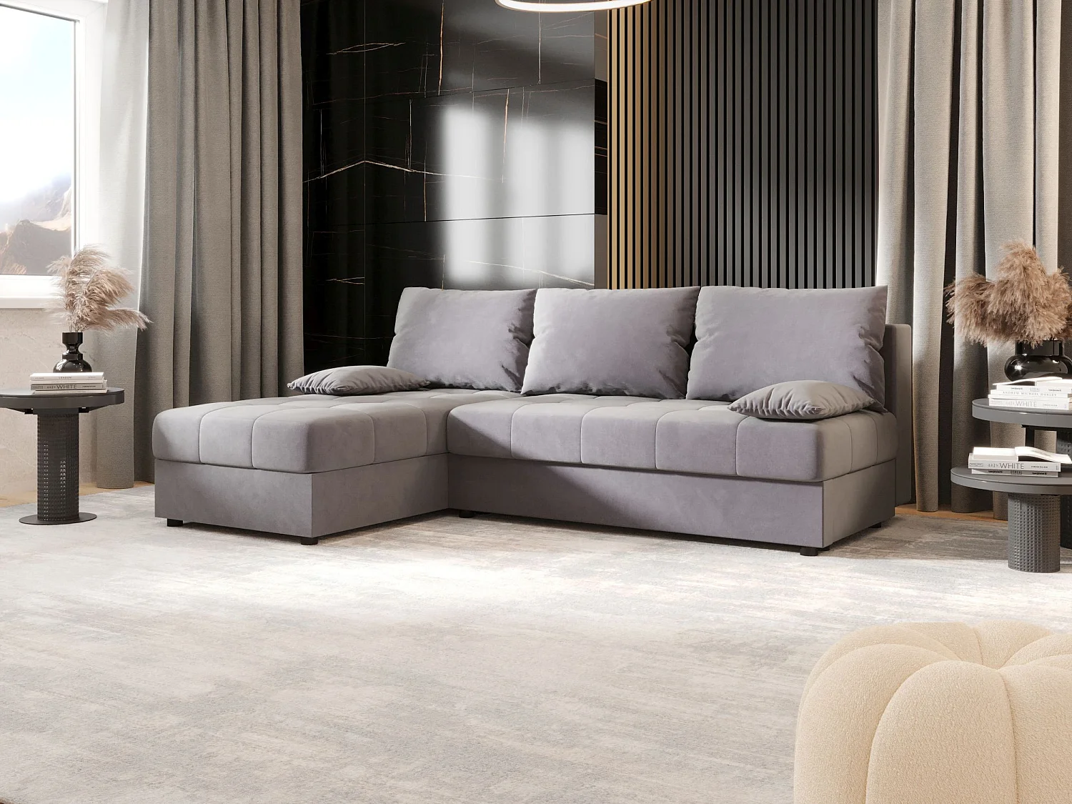 BEDANTE canapé d’angle MOS L Itaka 50 gauche gris avec fonction de couchage canapé en forme de L avec coffre de rangement