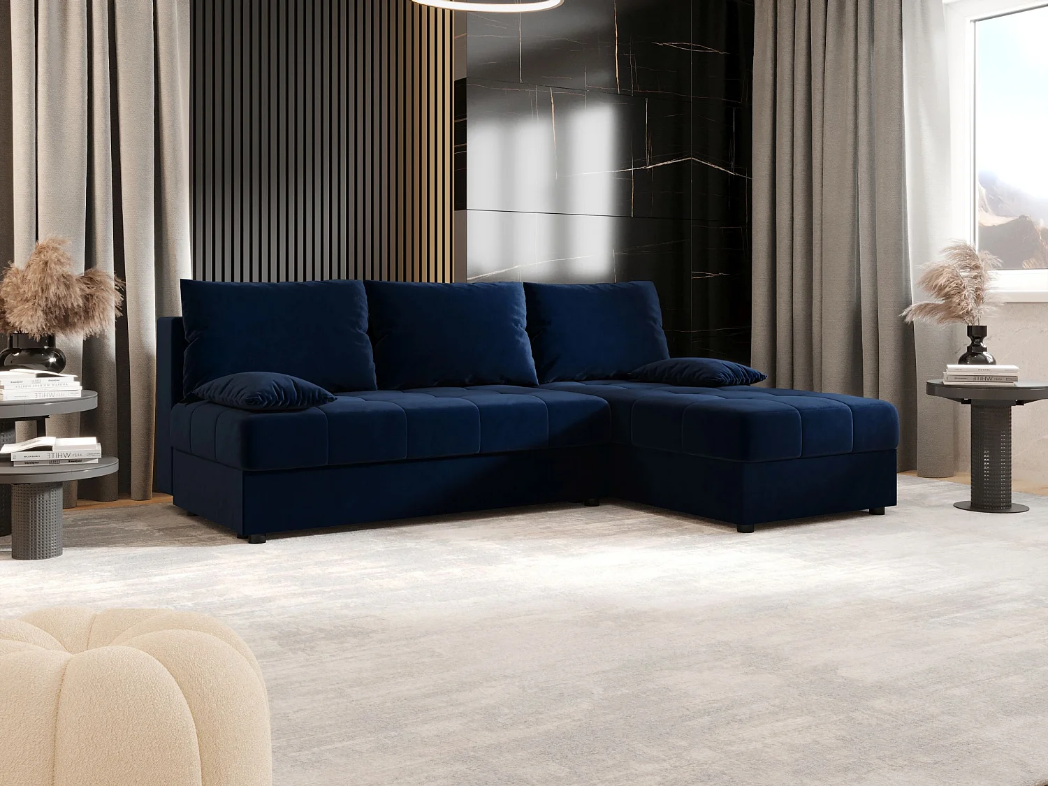 BEDANTE canapé d’angle MOS L Itaka 10 droite bleu foncé avec fonction de couchage canapé en forme de L avec coffre de rangement