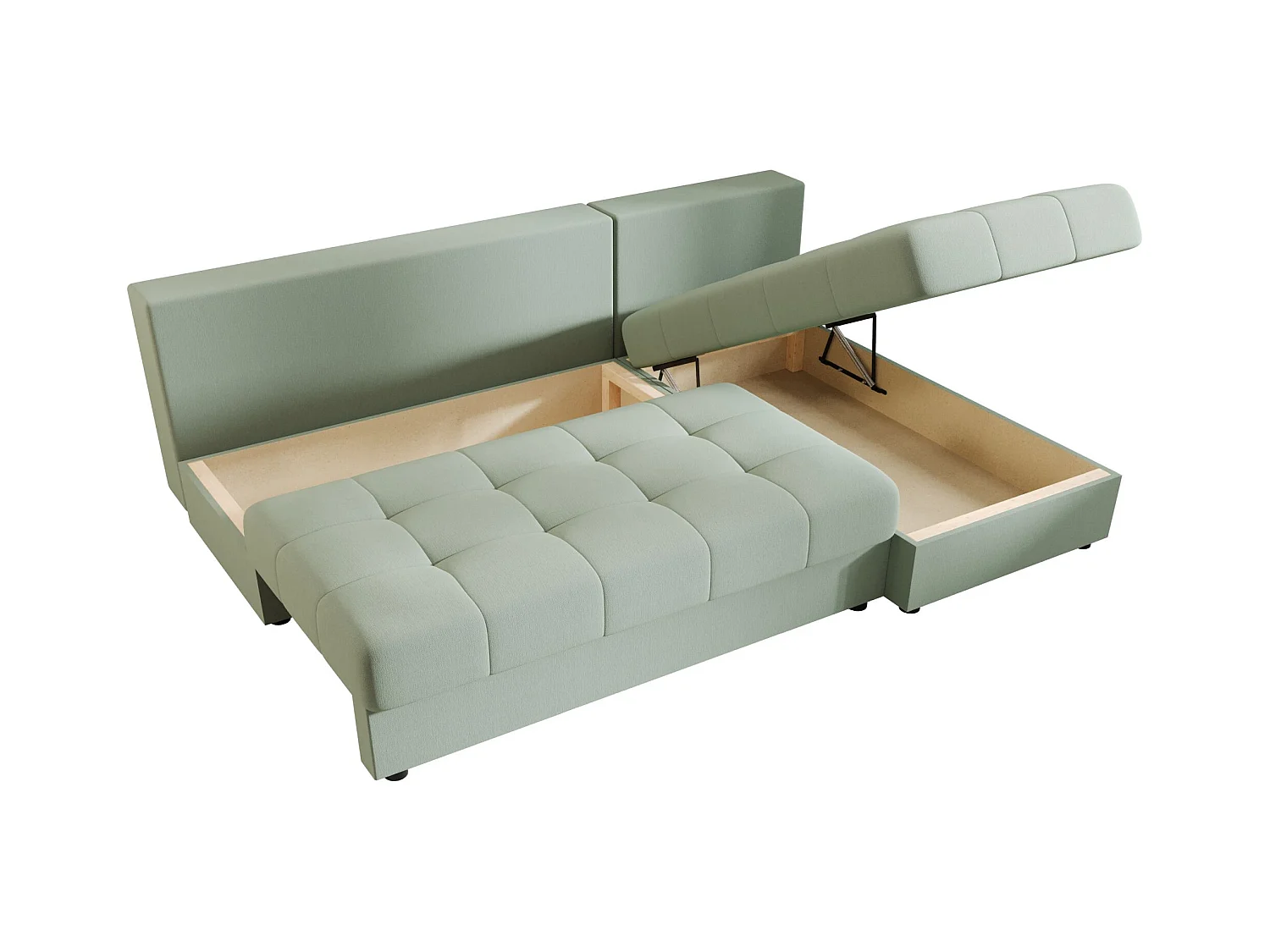 BEDANTE Canapé d’angle MOS L Cosmic 16 Vert clair Droite avec fonction lit, canapé en L avec coffre de rangement, canapé-lit, canapé convertible