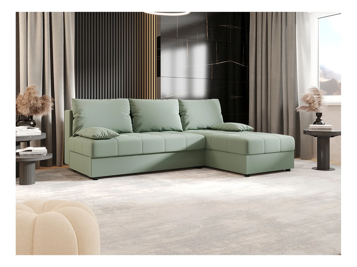 BEDANTE Canapé d’angle MOS L Cosmic 16 Vert clair Droite avec fonction lit, canapé en L avec coffre de rangement, canapé-lit, canapé convertible