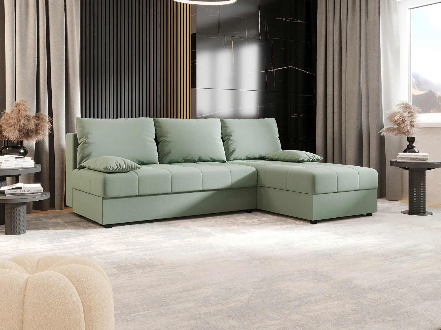 BEDANTE Canapé d’angle MOS L Cosmic 16 Vert clair Droite avec fonction lit, canapé en L avec coffre de rangement, canapé-lit, canapé convertible