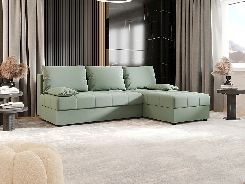 BEDANTE Canapé d’angle MOS L Cosmic 16 Vert clair Droite avec fonction lit, canapé en L avec coffre de rangement, canapé-lit, canapé convertible