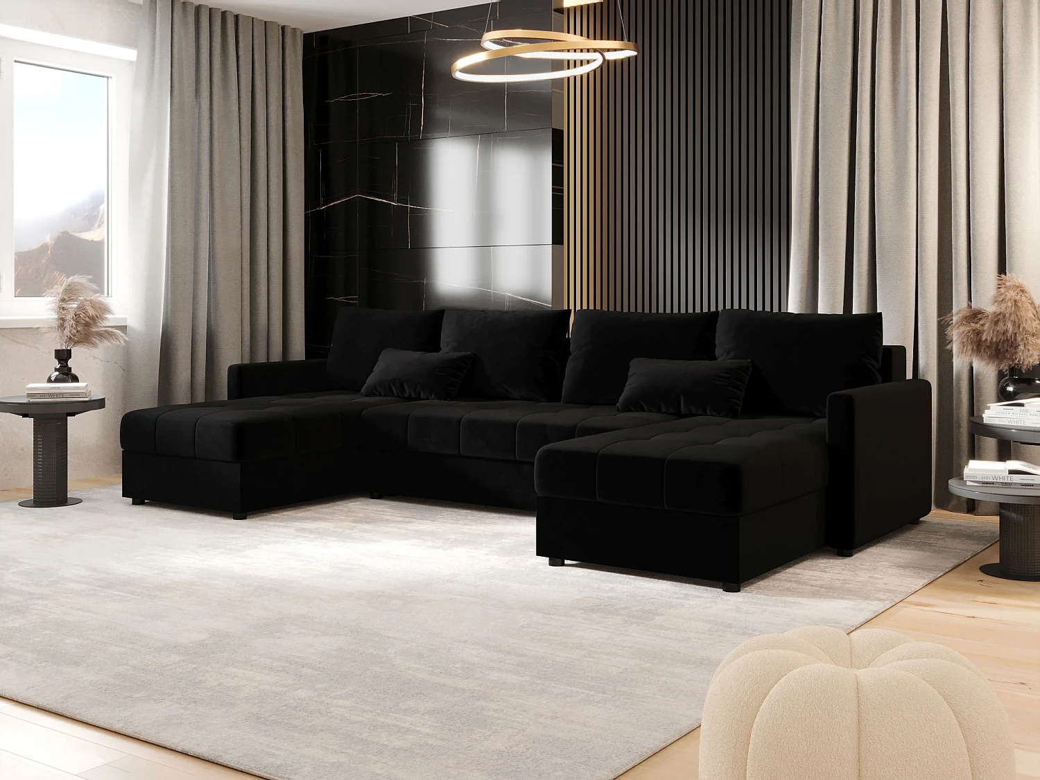 BEDANTE canapé d'angle MOS U BIS Itaka 15 noir avec fonction de couchage canapé en U avec coffre de rangement canapé de salon canapé convertible coffre de rangement