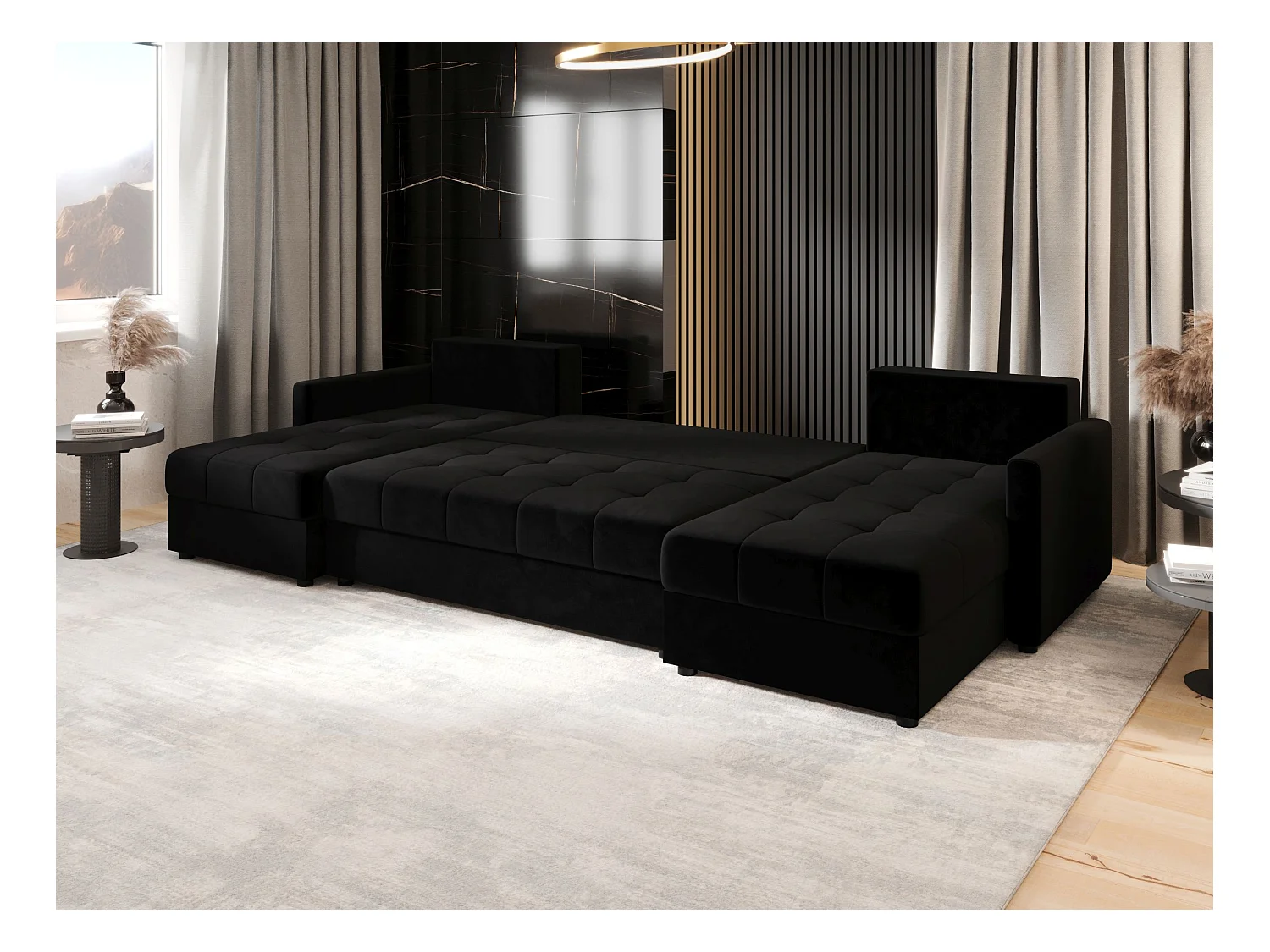 BEDANTE canapé d'angle MOS U BIS Itaka 15 noir avec fonction de couchage canapé en U avec coffre de rangement canapé de salon canapé convertible coffre de rangement