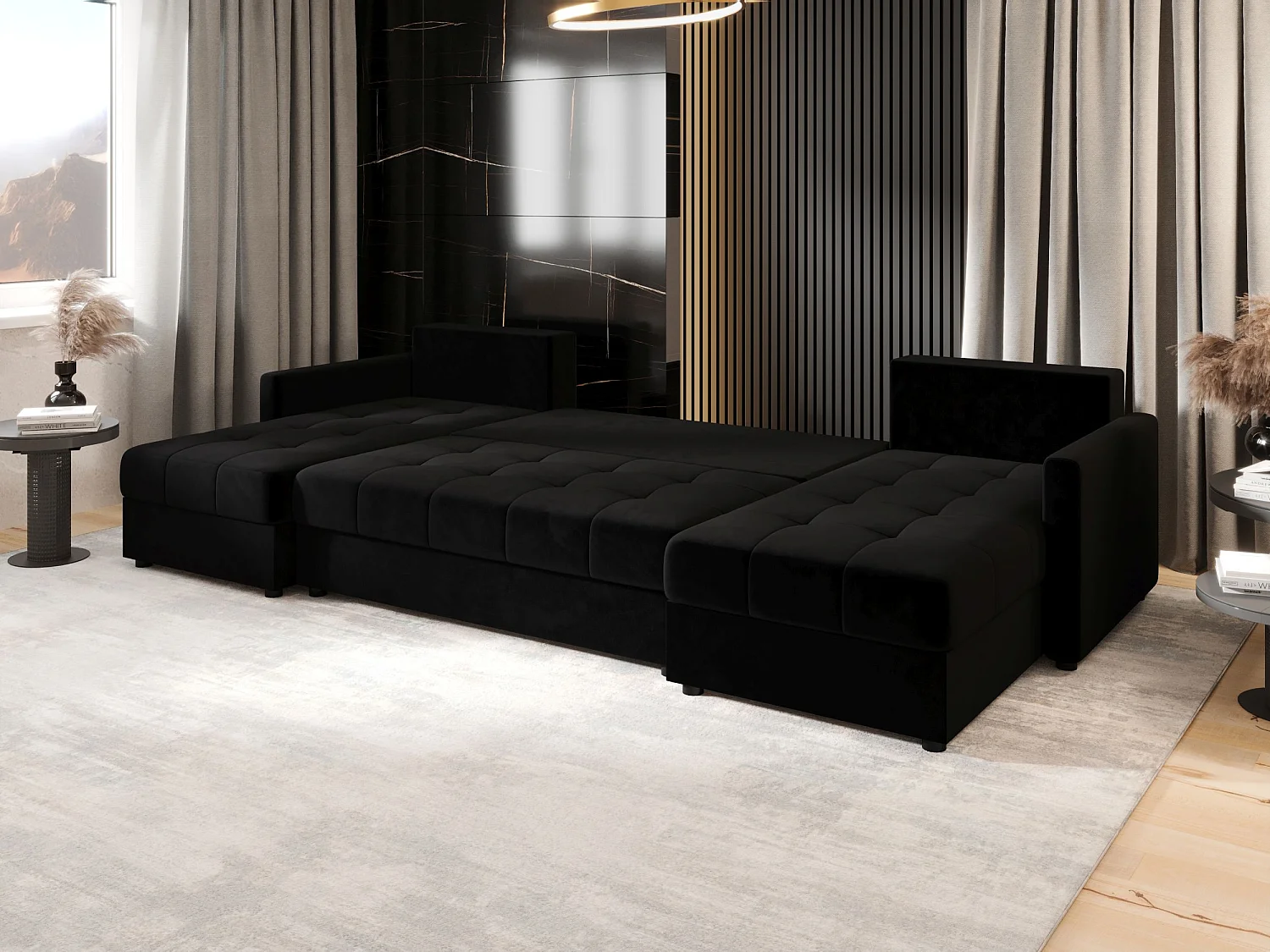 BEDANTE canapé d'angle MOS U BIS Itaka 15 noir avec fonction de couchage canapé en U avec coffre de rangement canapé de salon canapé convertible coffre de rangement