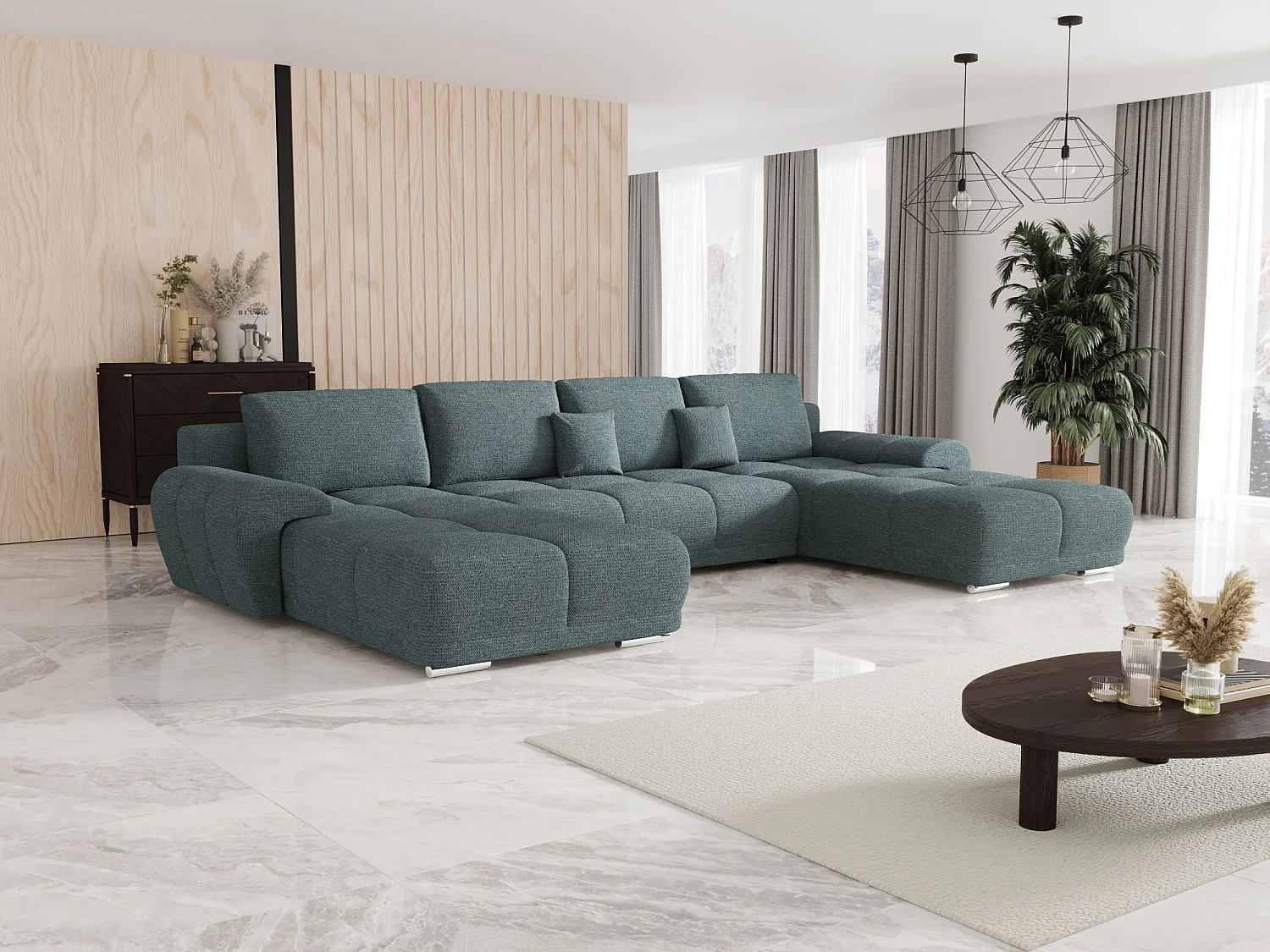 BEDANTE canapé d'angle BEGA U Links ARAGON 75 bleu avec fonction de couchage canapé en forme de U avec coffre de rangement