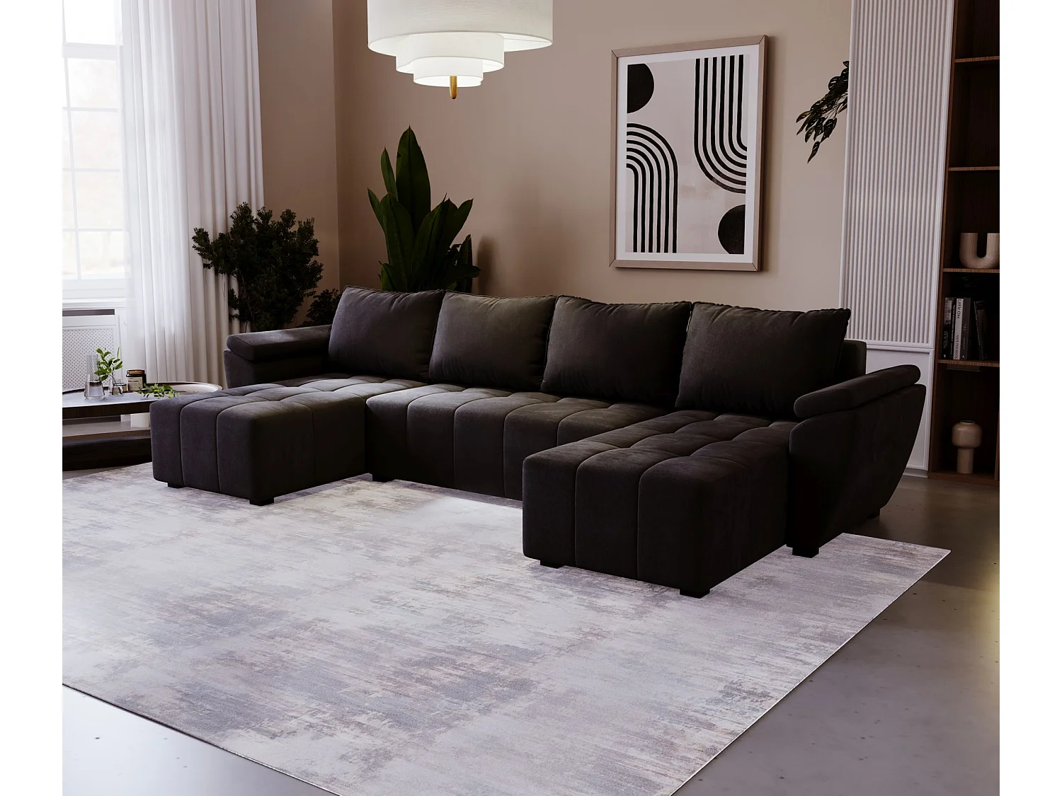 BEDANTE canapé d’angle ZEUS U Monolith 97 noir avec fonction lit canapé en forme de U avec coffre de rangement canapé de salon canapé convertible