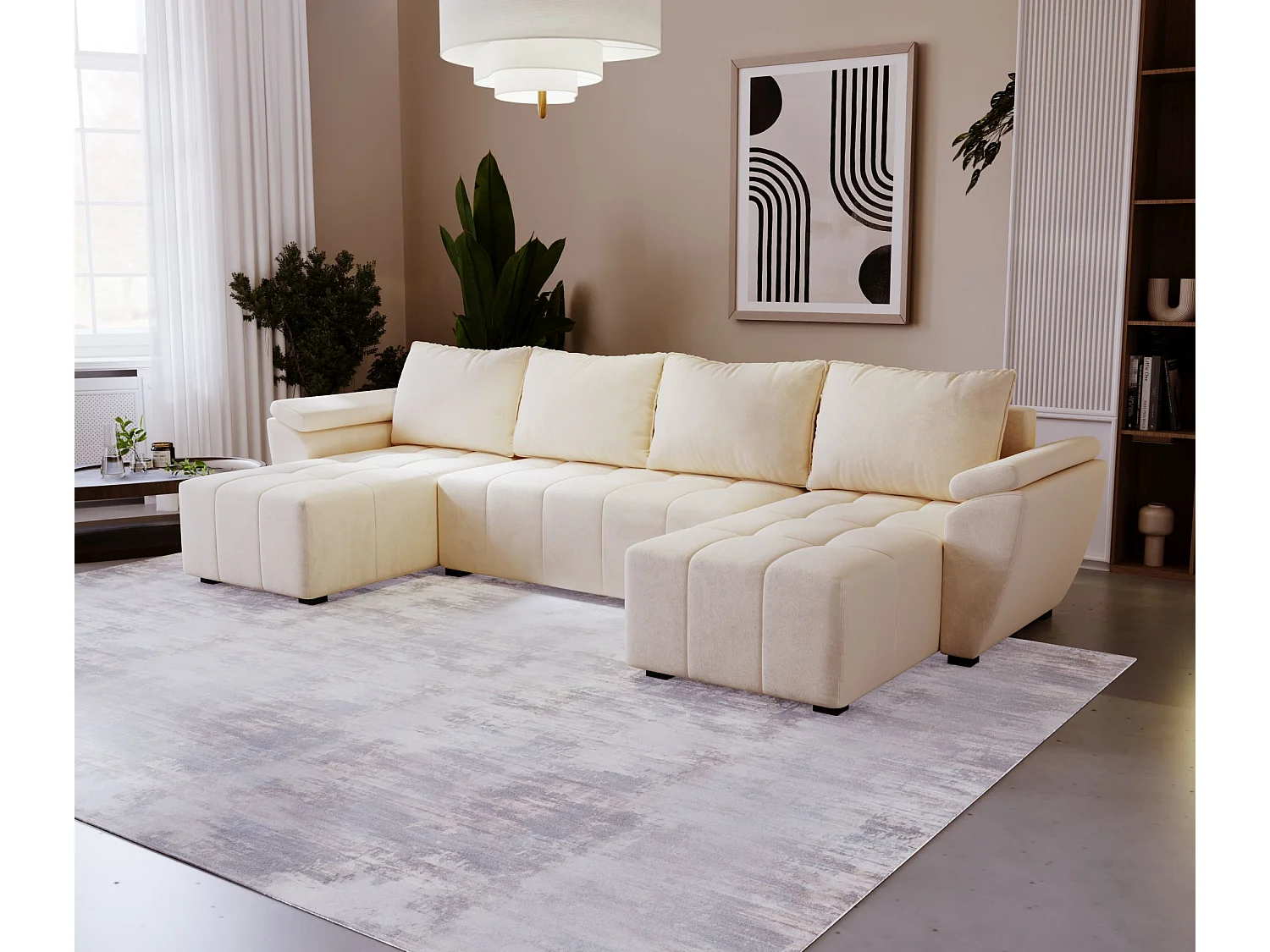 BEDANTE canapé d’angle ZEUS U Monolith 02 beige avec fonction lit canapé en forme de U avec coffre de rangement canapé de salon canapé convertible