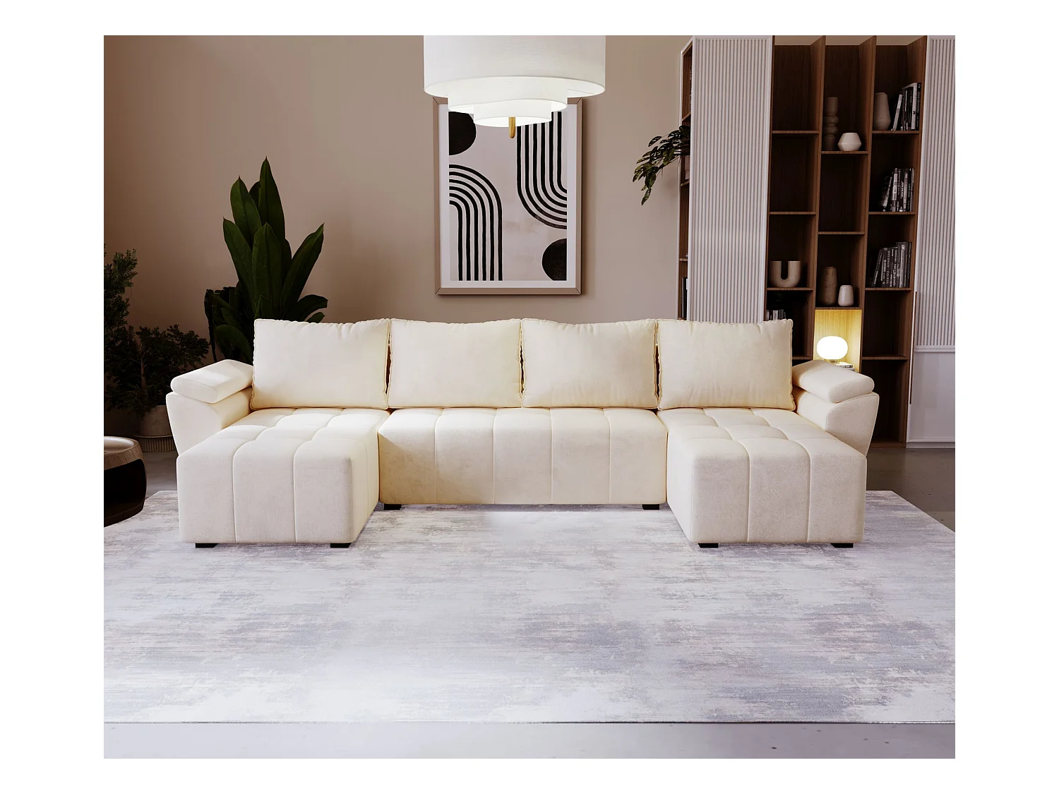 BEDANTE canapé d’angle ZEUS U Monolith 02 beige avec fonction lit canapé en forme de U avec coffre de rangement canapé de salon canapé convertible