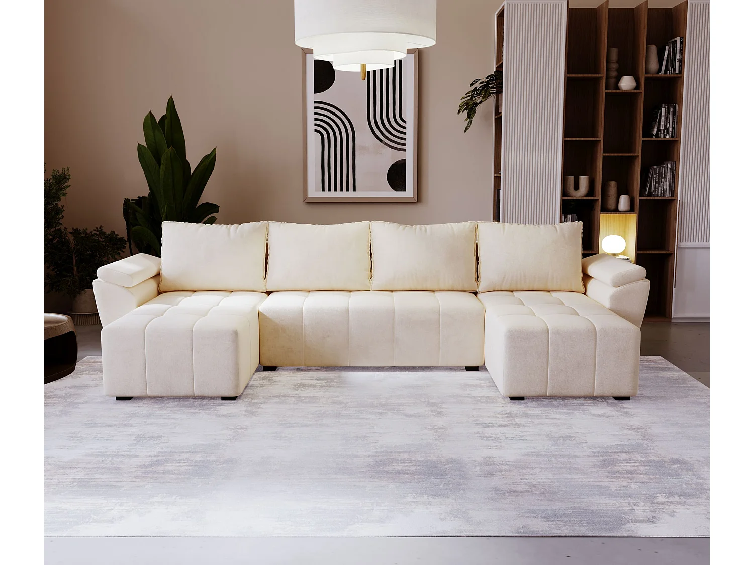 BEDANTE canapé d’angle ZEUS U Monolith 02 beige avec fonction lit canapé en forme de U avec coffre de rangement canapé de salon canapé convertible