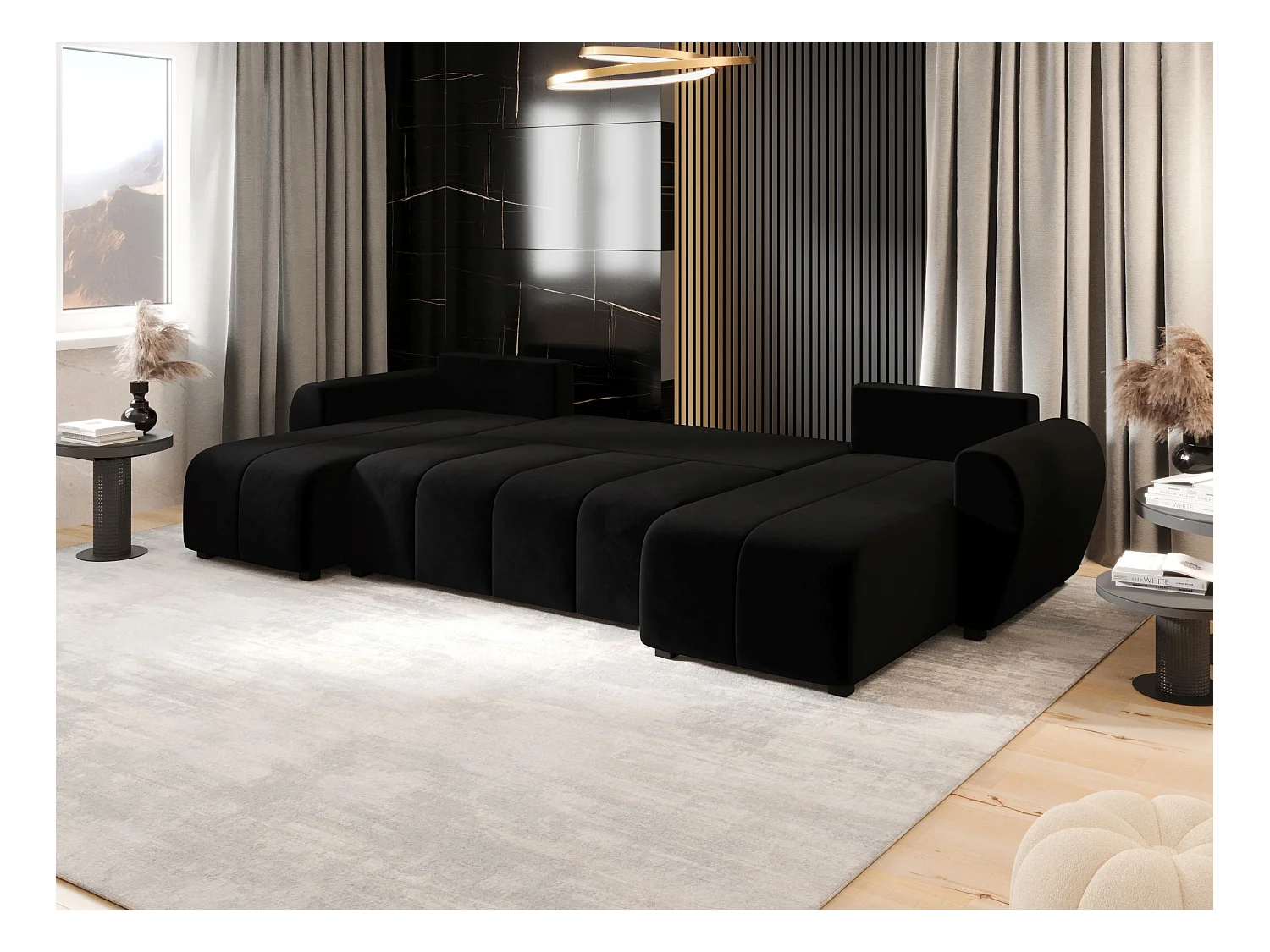 Canapé d'angle BEDANTE MOLISA U itaka 15 noir avec fonction couchage Canapé d'angle en forme de U avec espace de rangement Coffre à literie