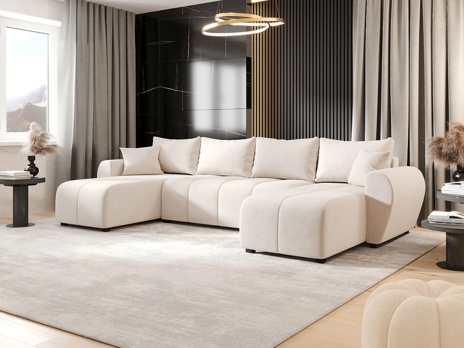 Canapé d'angle BEDANTE MOLISA U itaka 16 noir avec fonction couchage Canapé d'angle en forme de U avec espace de rangement Coffre à literie