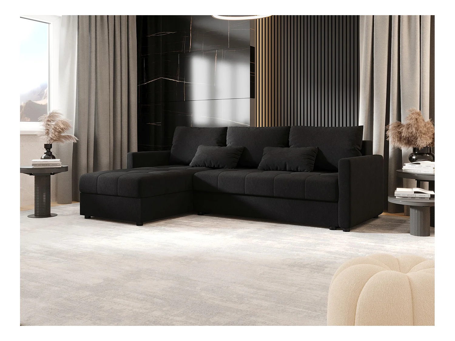 BEDANTE Ecksofa MOS L BIS Cosmic 100 Schwarz Links mit Schlaffunktion L-Form Sofa mit Stauraum Bettkasten Wohnzimmersofa Couch Sofa Bettsofa Bettkasten Bettcouch