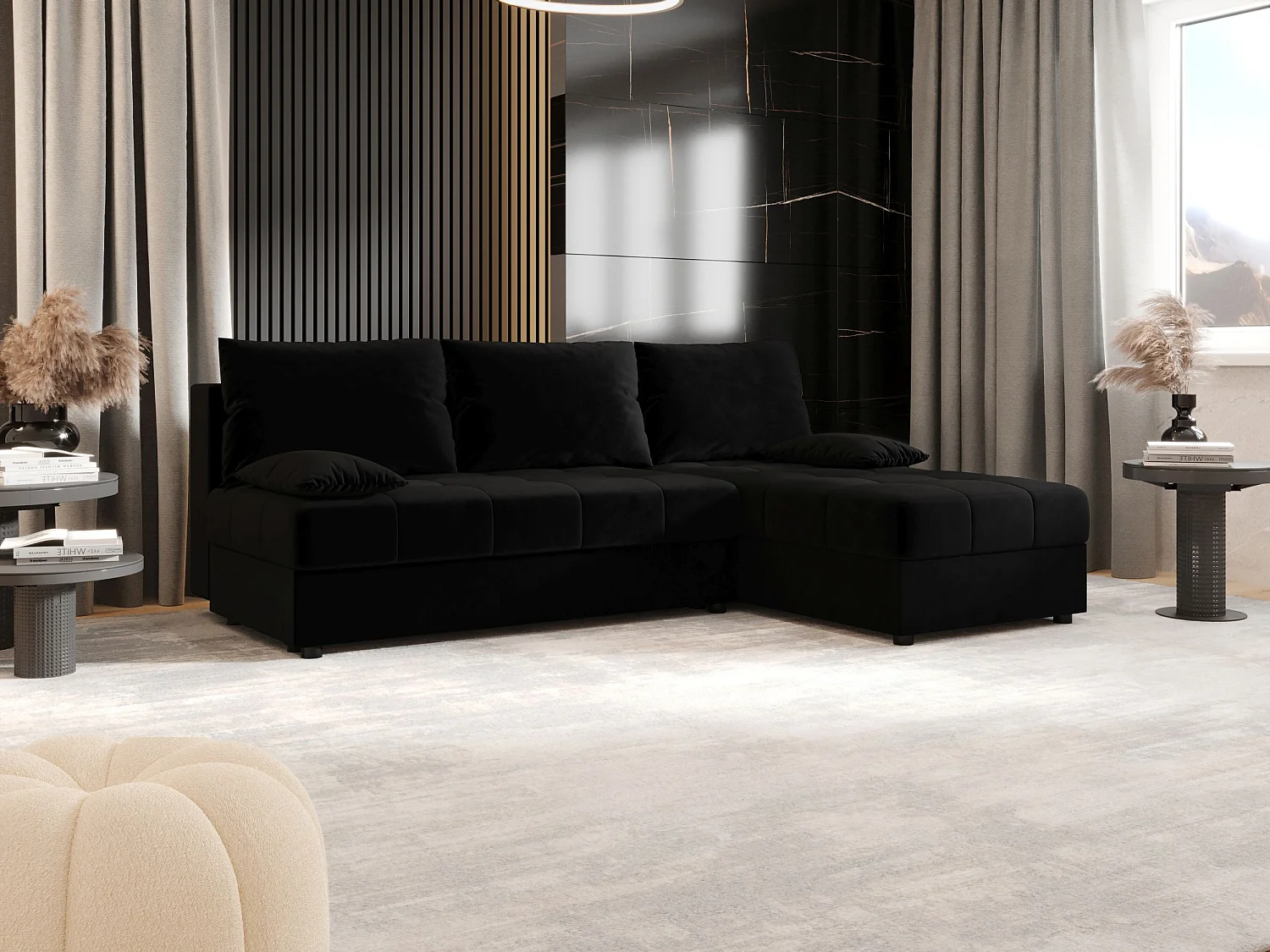 BEDANTE canapé d’angle MOS L Itaka 15 droite noir avec fonction de couchage canapé en forme de L avec coffre de rangement