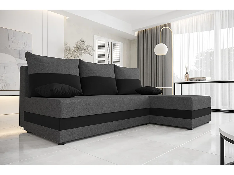 BEDANTE canapé d'angle HEWLET L Sawana 05+14 droite gris foncé/noir avec fonction de couchage canapé en forme de L