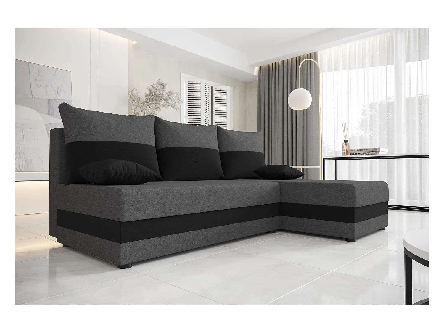 BEDANTE ECKSOFA HEWLET L Sawana 05+14 Rechts Dunkelgrau/Schwarz mit Schlaffunktion L-Form Sofa mit Stauraum Bettkasten