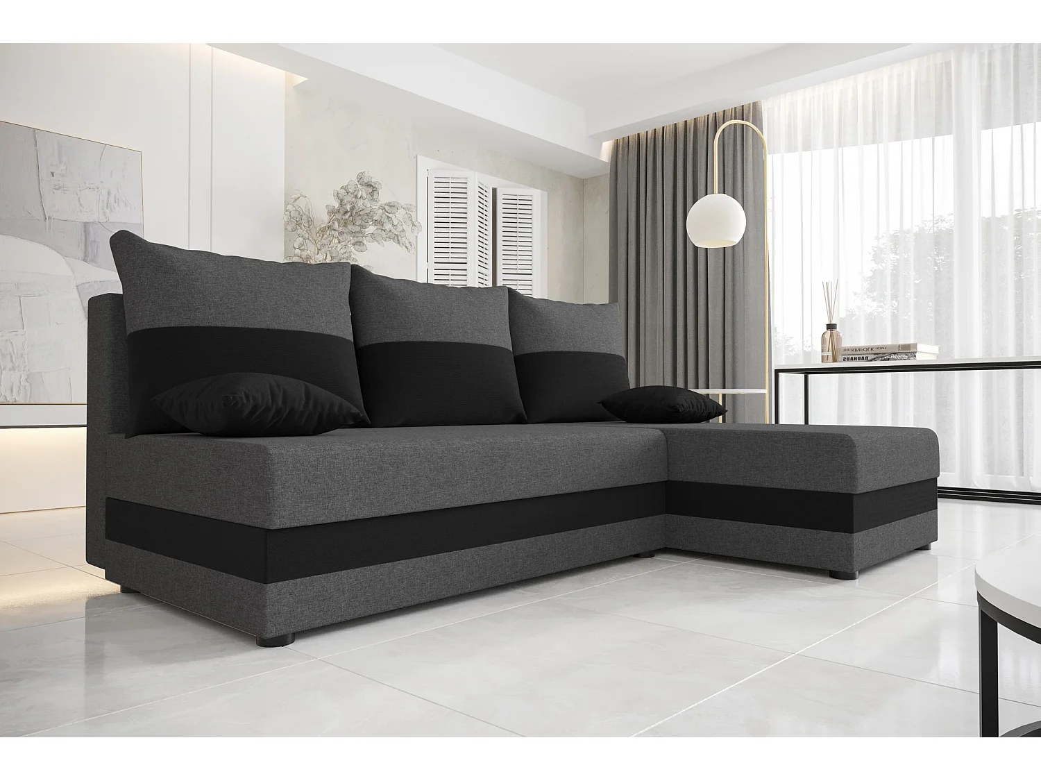 BEDANTE canapé d'angle HEWLET L Sawana 05+14 droite gris foncé/noir avec fonction de couchage canapé en forme de L