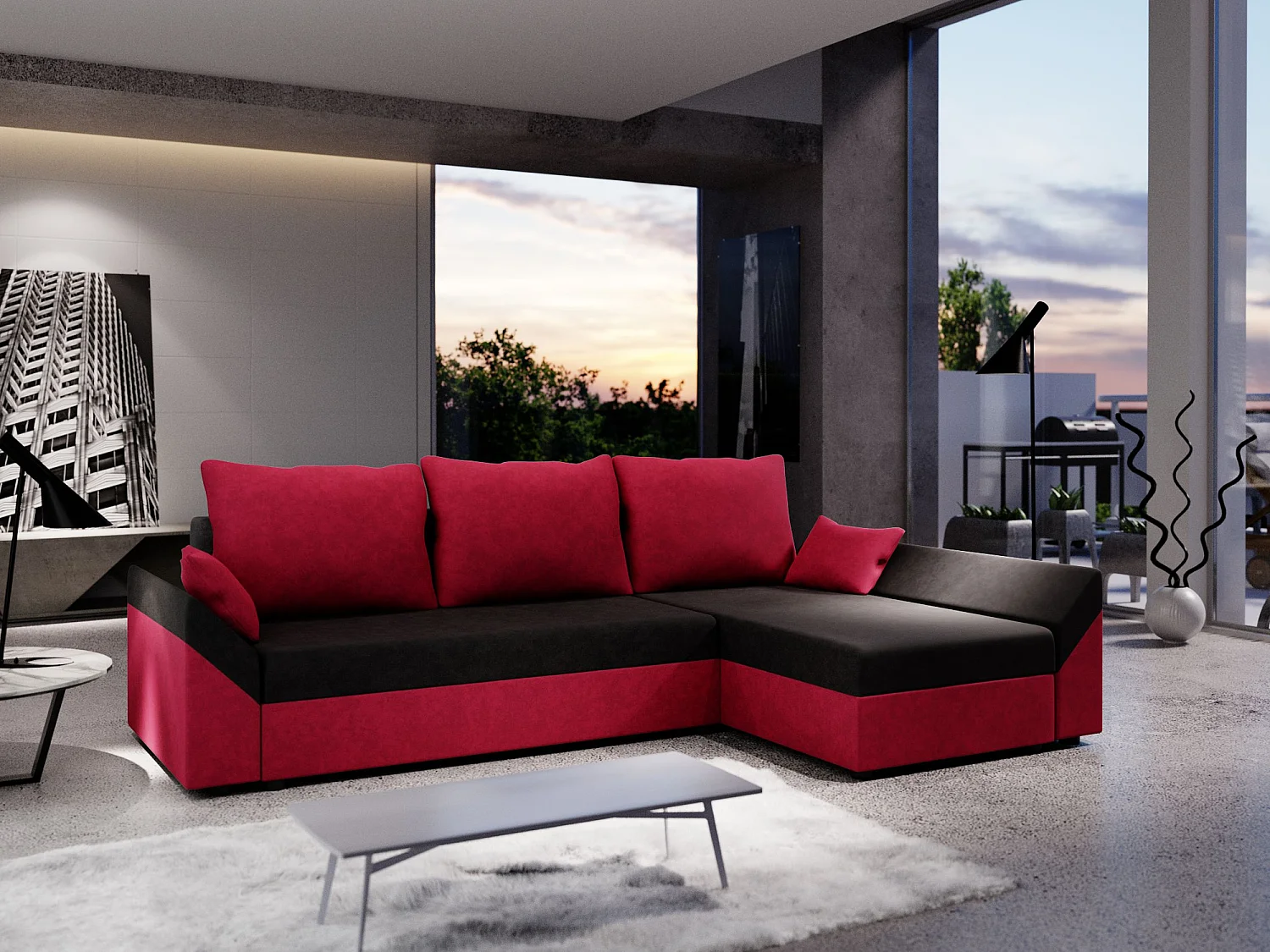 BEDANTE Canapé d’angle DANTE L droite Rainbow 15 + 22 Noir/Rouge Forme L