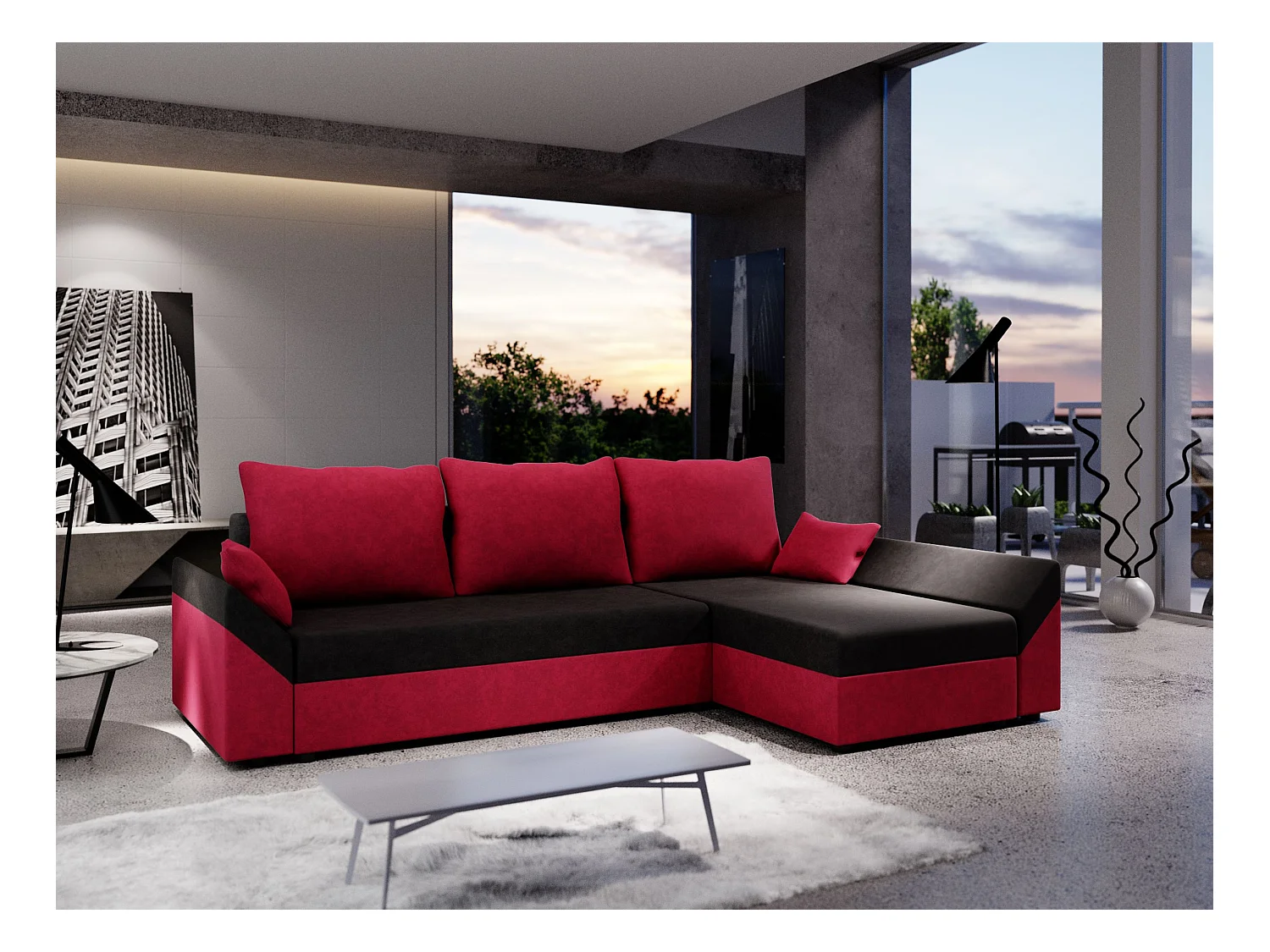 BEDANTE Ecksofa DANTE L RECHTS Rainbow 15 + 22 Schwarz/Rot L-Form, Sofa mit Stauraum, Bettkasten, Wohnzimmersofa, Couch, Sofa, Bettsofa