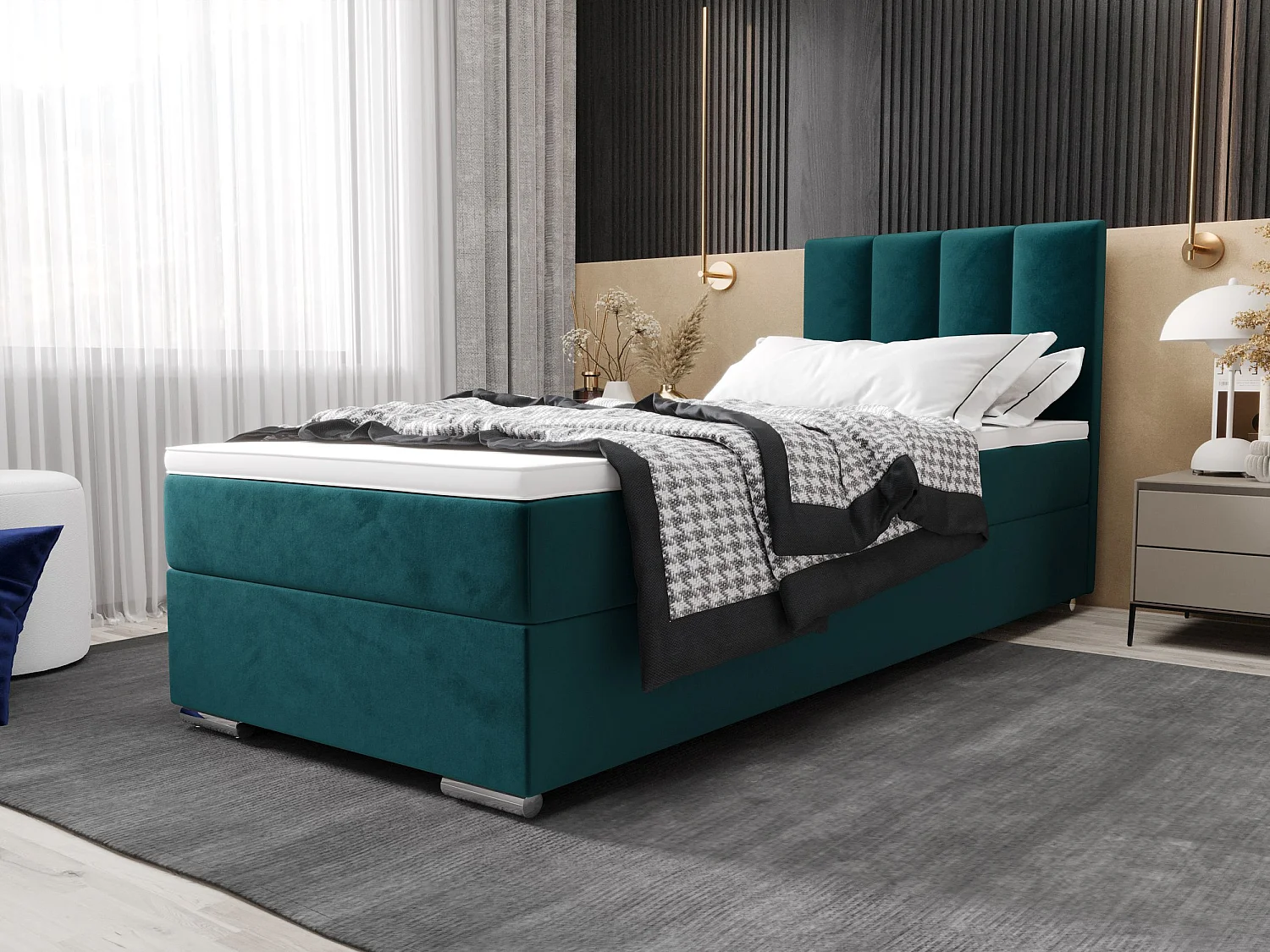 BEDANTE Boxspringbett ZAKO 2 90x200 Itaka 39 Blau Bett Rechts Öffnung Bett Bettkasten Einzellbett Hotelbett Topper Matratze Schlafzimmer Stauraum