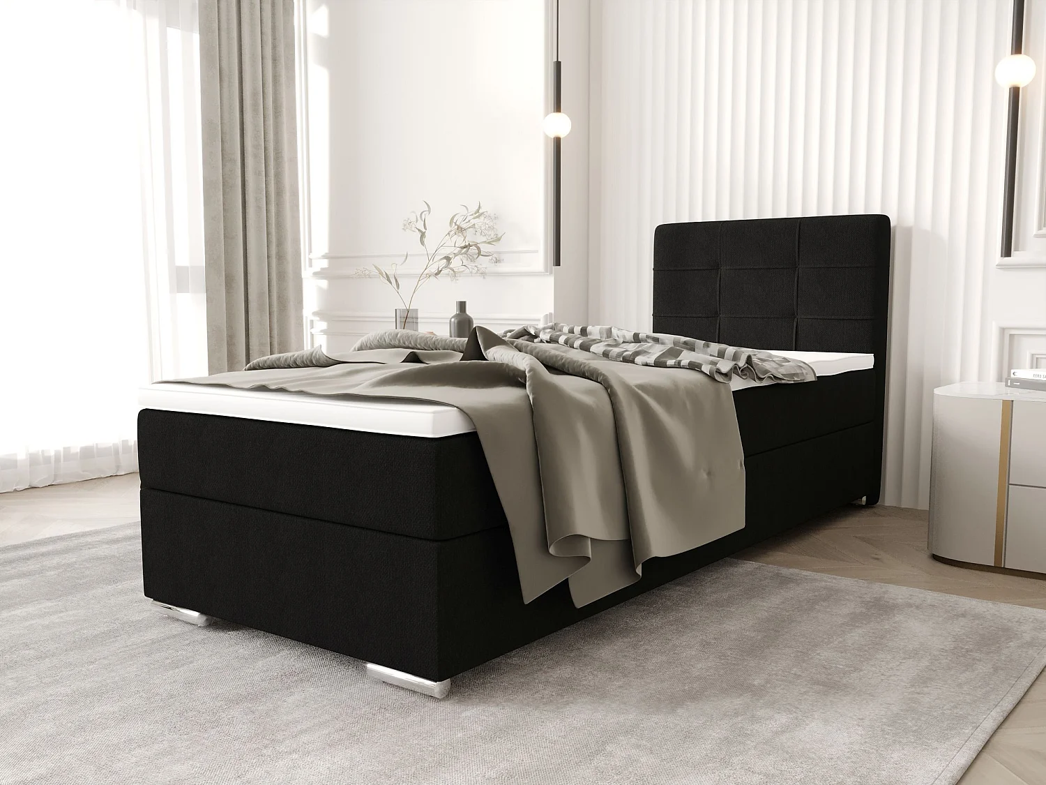 BEDANTE Boxspringbett ZAKO 1 90x200 Cosmic 100 Schwarz Links Öffnung Bett Bettkasten Einzellbett Hotelbett Topper Matratze Schlafzimmer Stauraum
