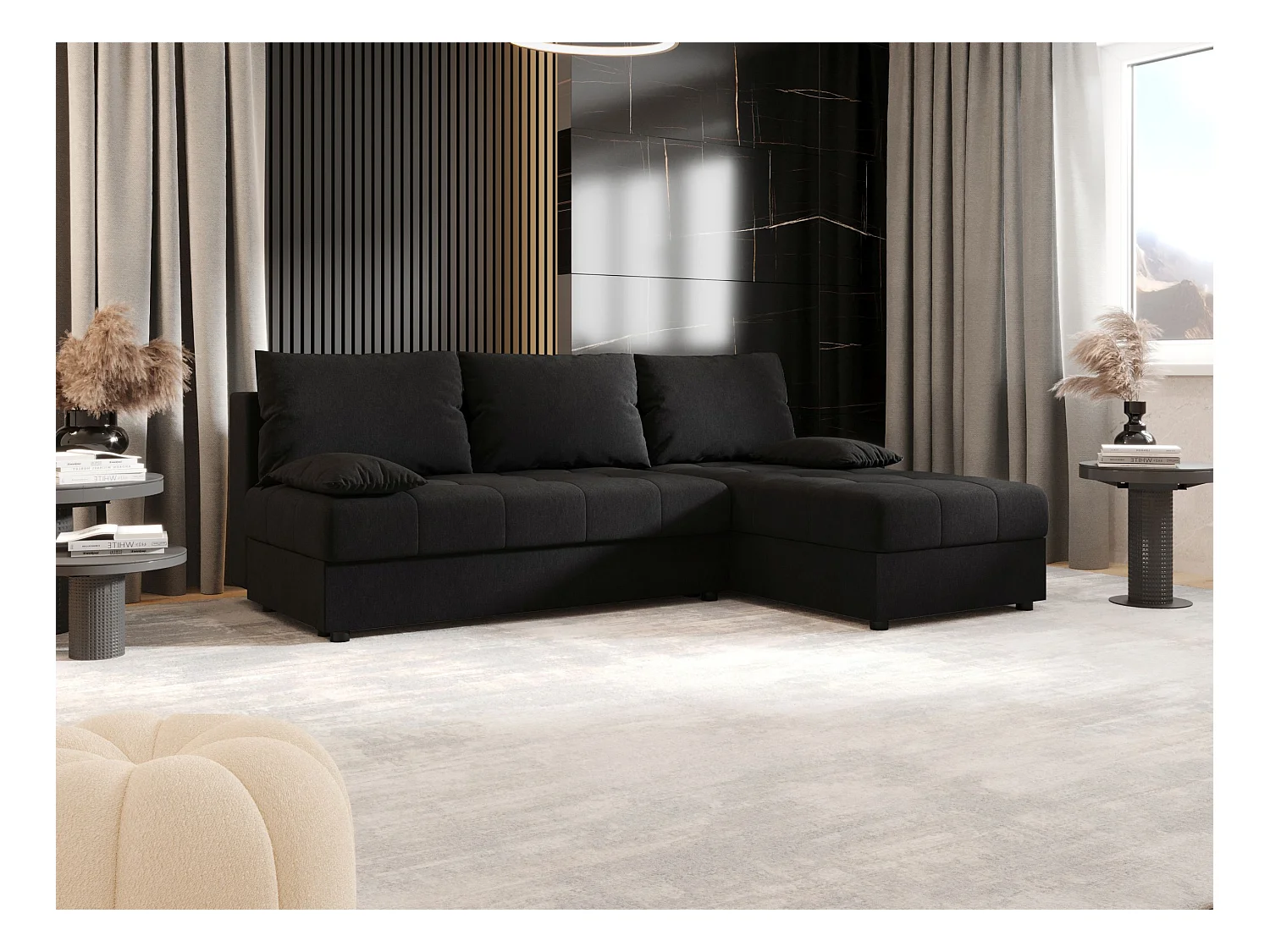BEDANTE Ecksofa MOS L Cosmic 100 Schwarz Rechts mit Schlaffunktion L-Form Sofa mit Stauraum Bettkasten Wohnzimmersofa Couch Sofa Bettsofa Bettkasten Bettcouch