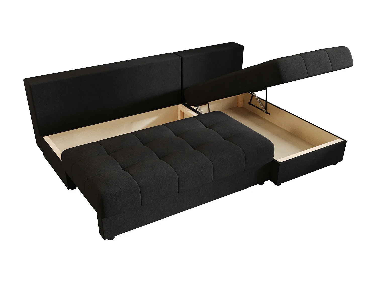 BEDANTE Canapé d’angle MOS L Cosmic 100 Noir Droite avec fonction lit, canapé en L avec coffre de rangement, canapé-lit, canapé convertible